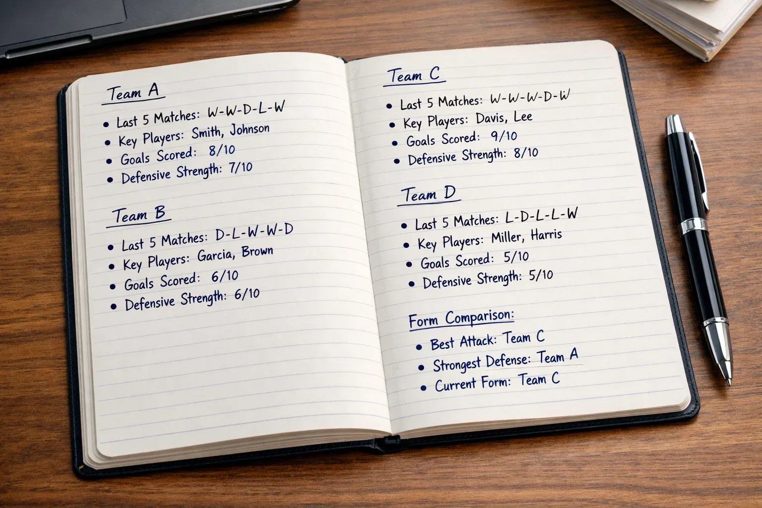 Notebook showing team form notes and performance analysis
