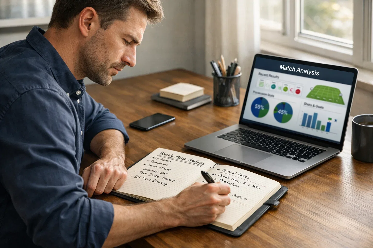 Person preparing weekly match analysis at a desk with notes and laptop