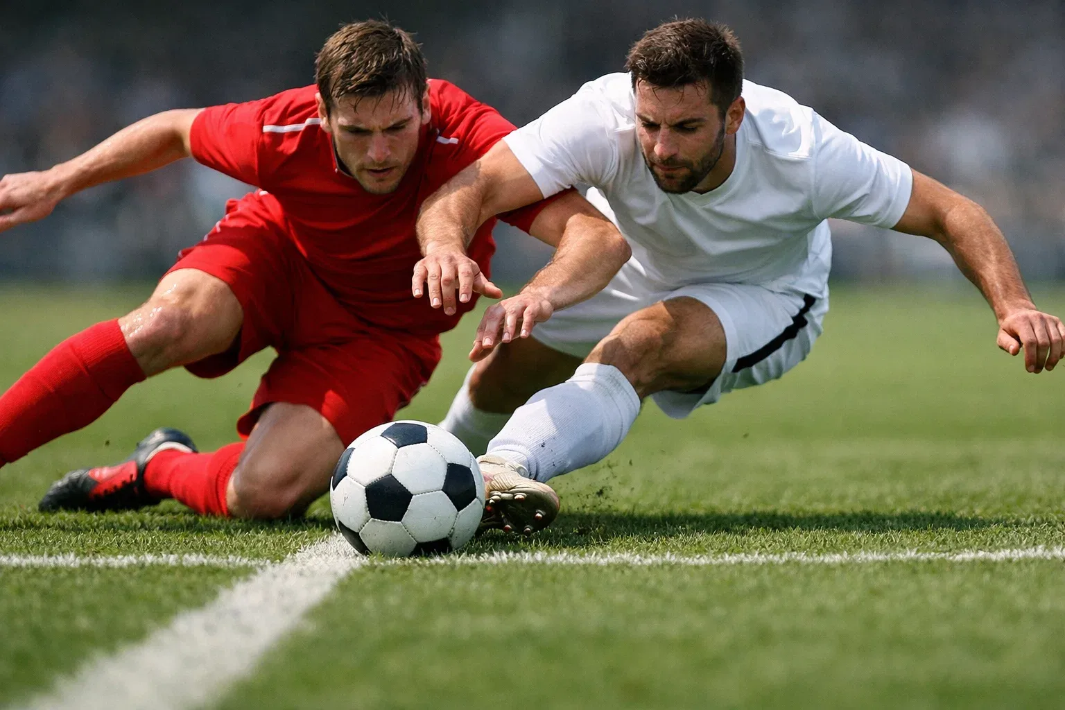 Football players from opposing teams contesting possession in midfield