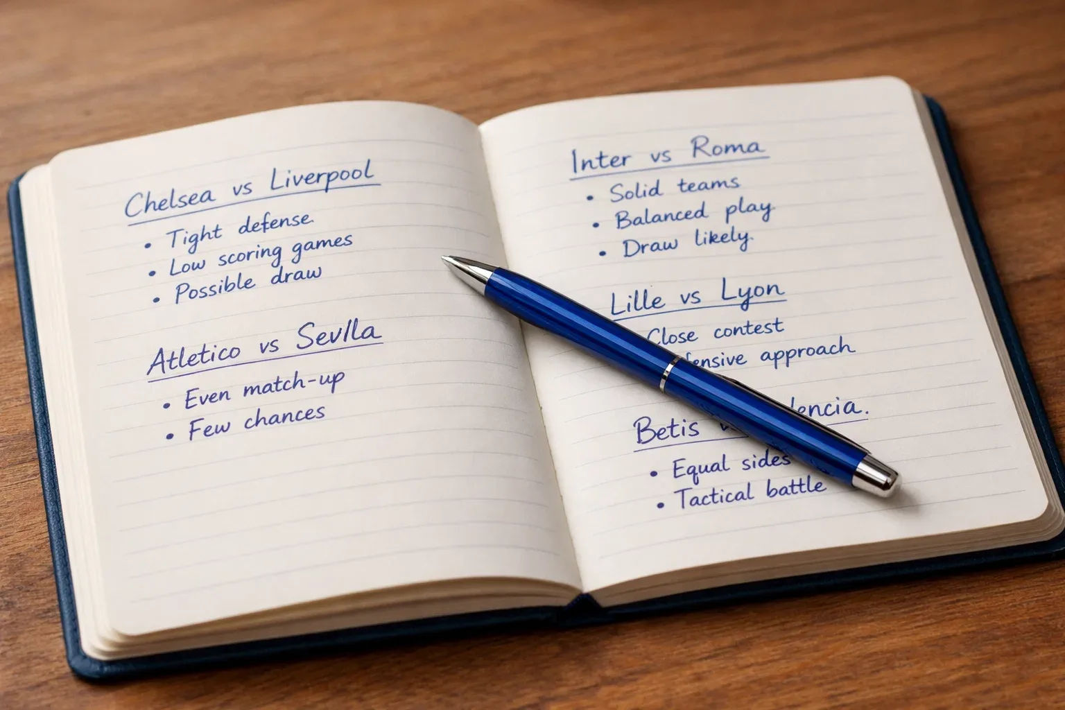 Open notebook with football match analysis notes and a pen