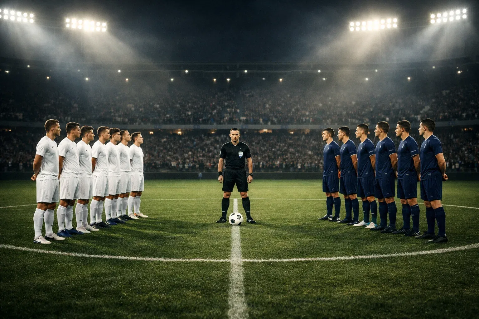 Two football teams facing each other at the center circle before kickoff