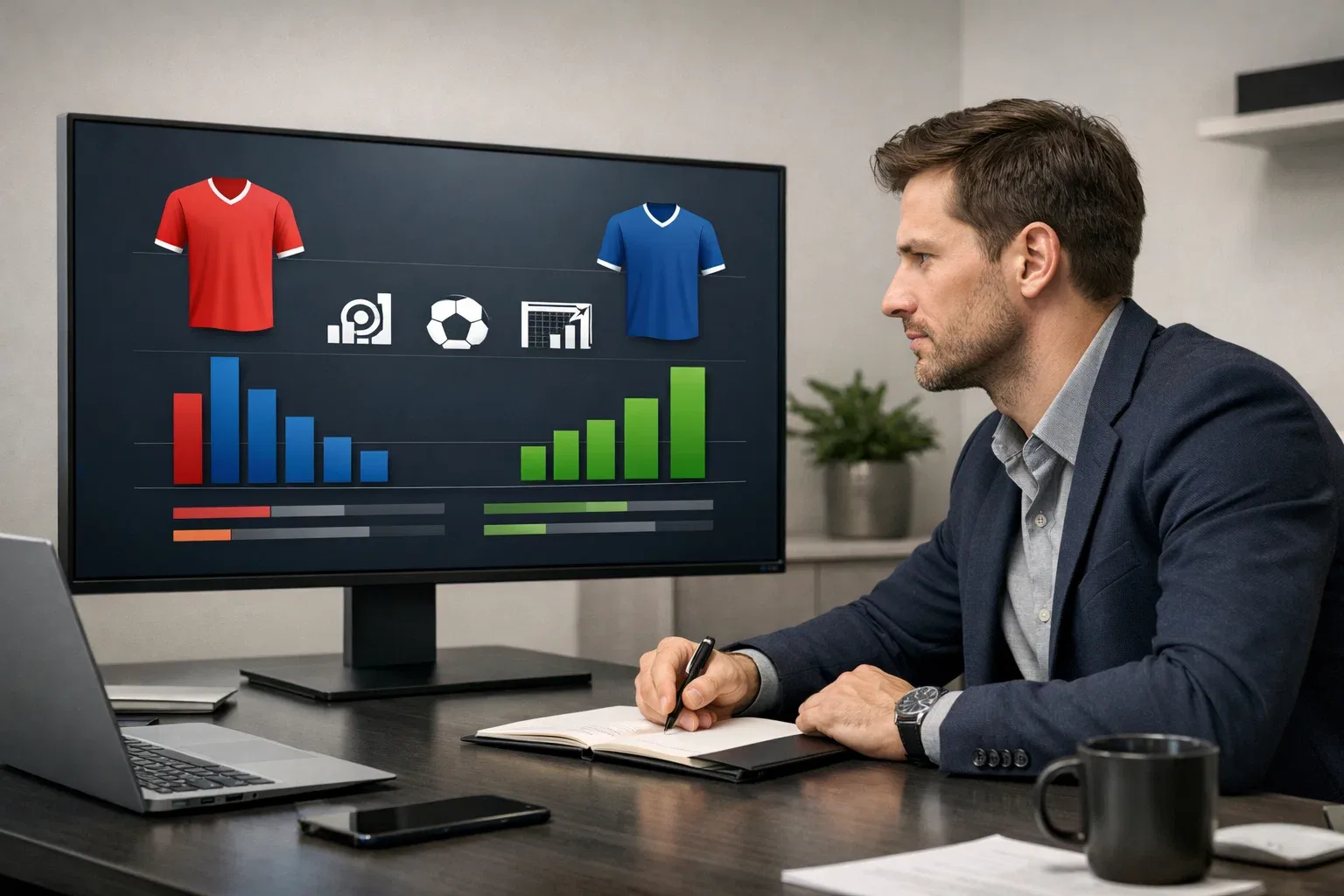 Sports analyst reviewing expected goals statistics on computer monitor