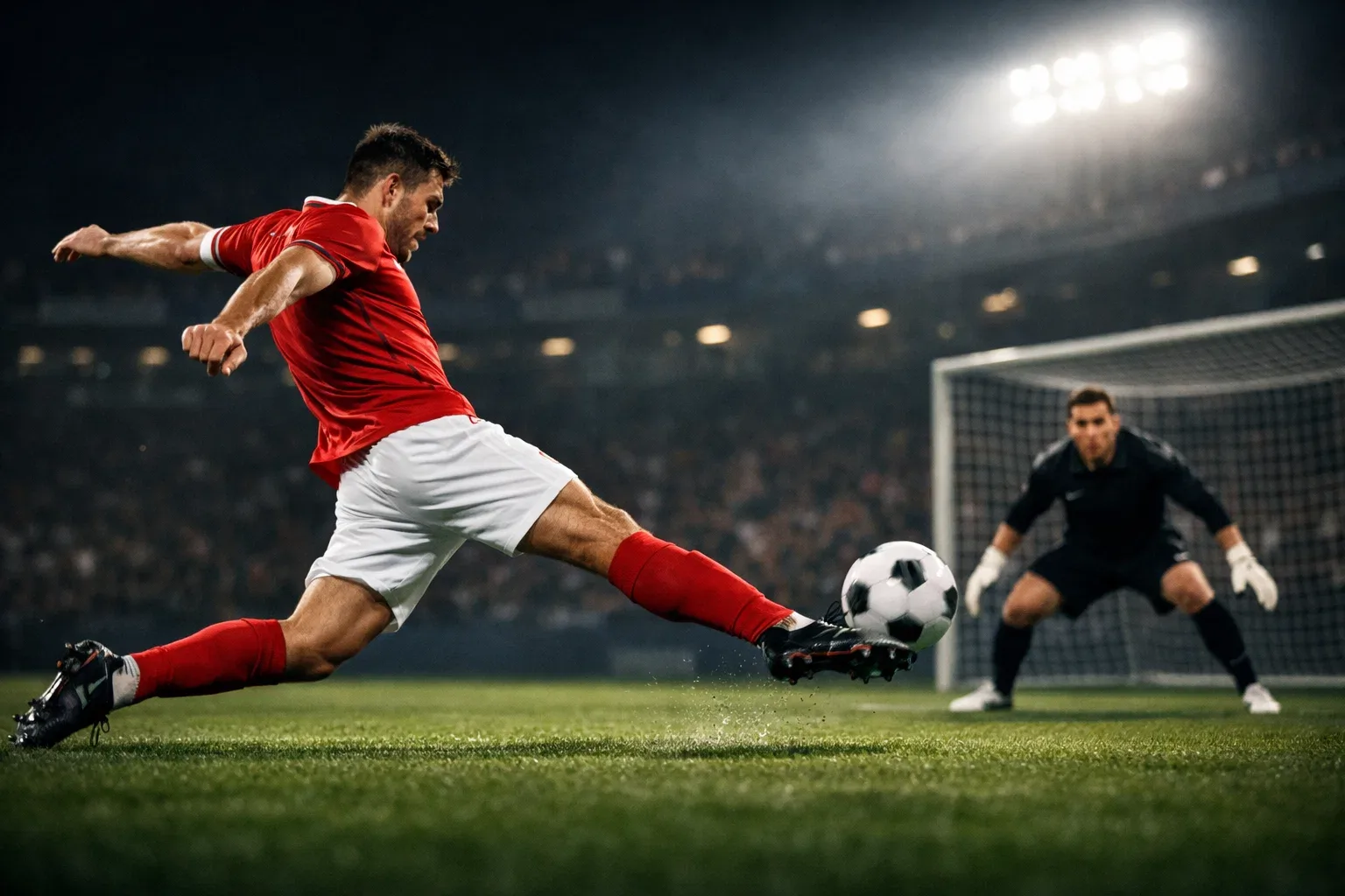 Football striker taking a shot on goal during a professional match