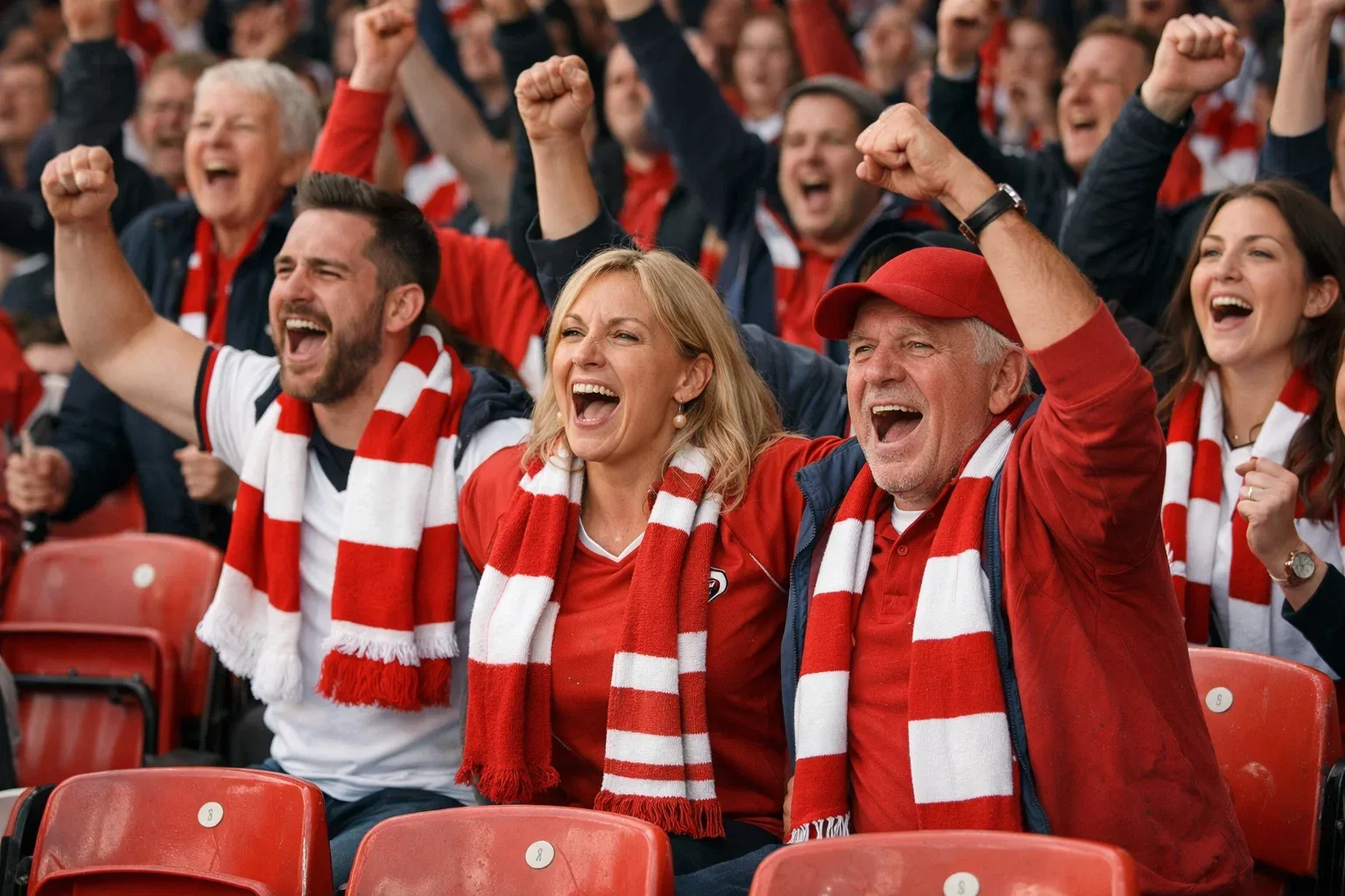 Passionate football fans cheering in a Championship stadium stand