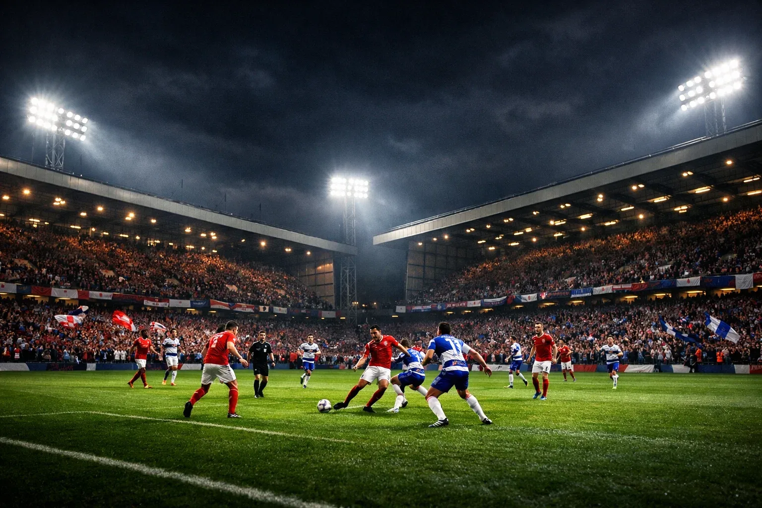 English Championship football match in a packed stadium under floodlights