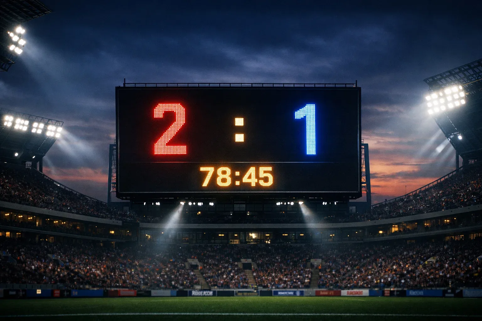 Football stadium scoreboard displaying match score during a game