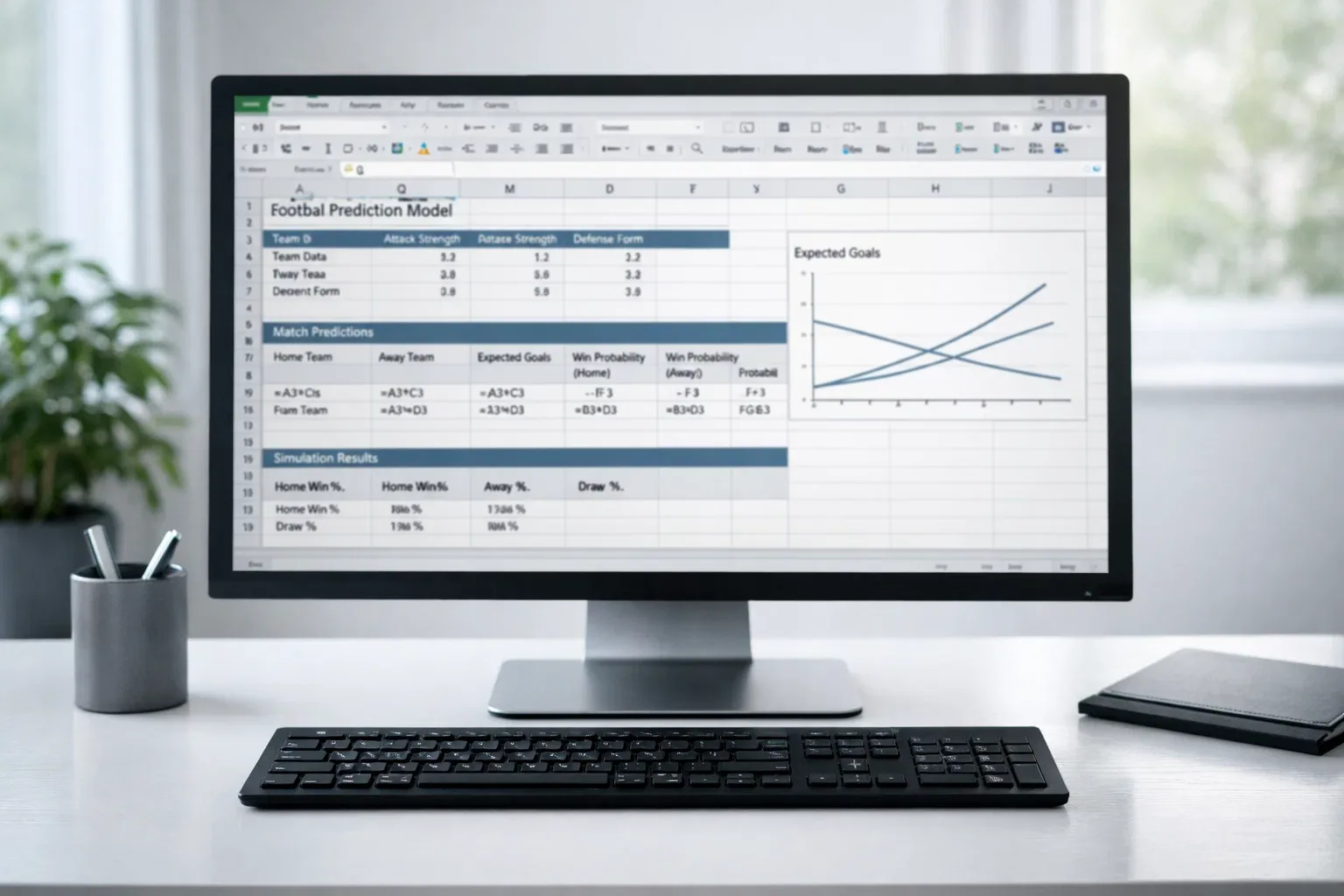 Computer screen showing a spreadsheet with football prediction calculations