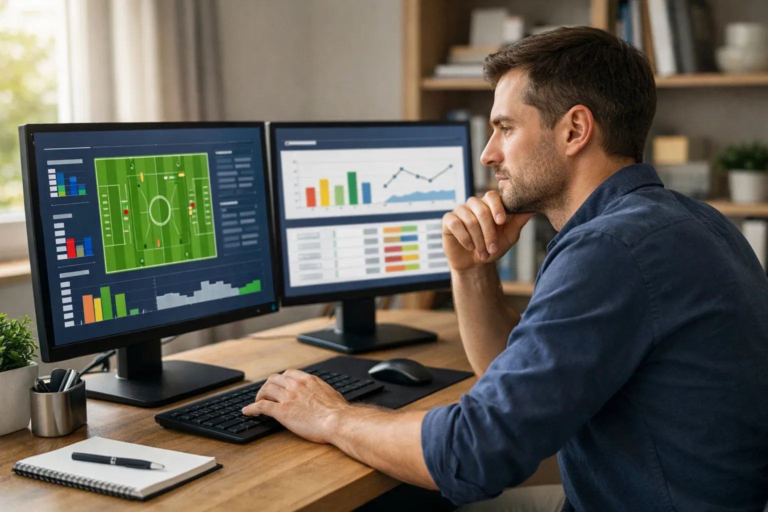 Person working on football data analysis at a computer workstation