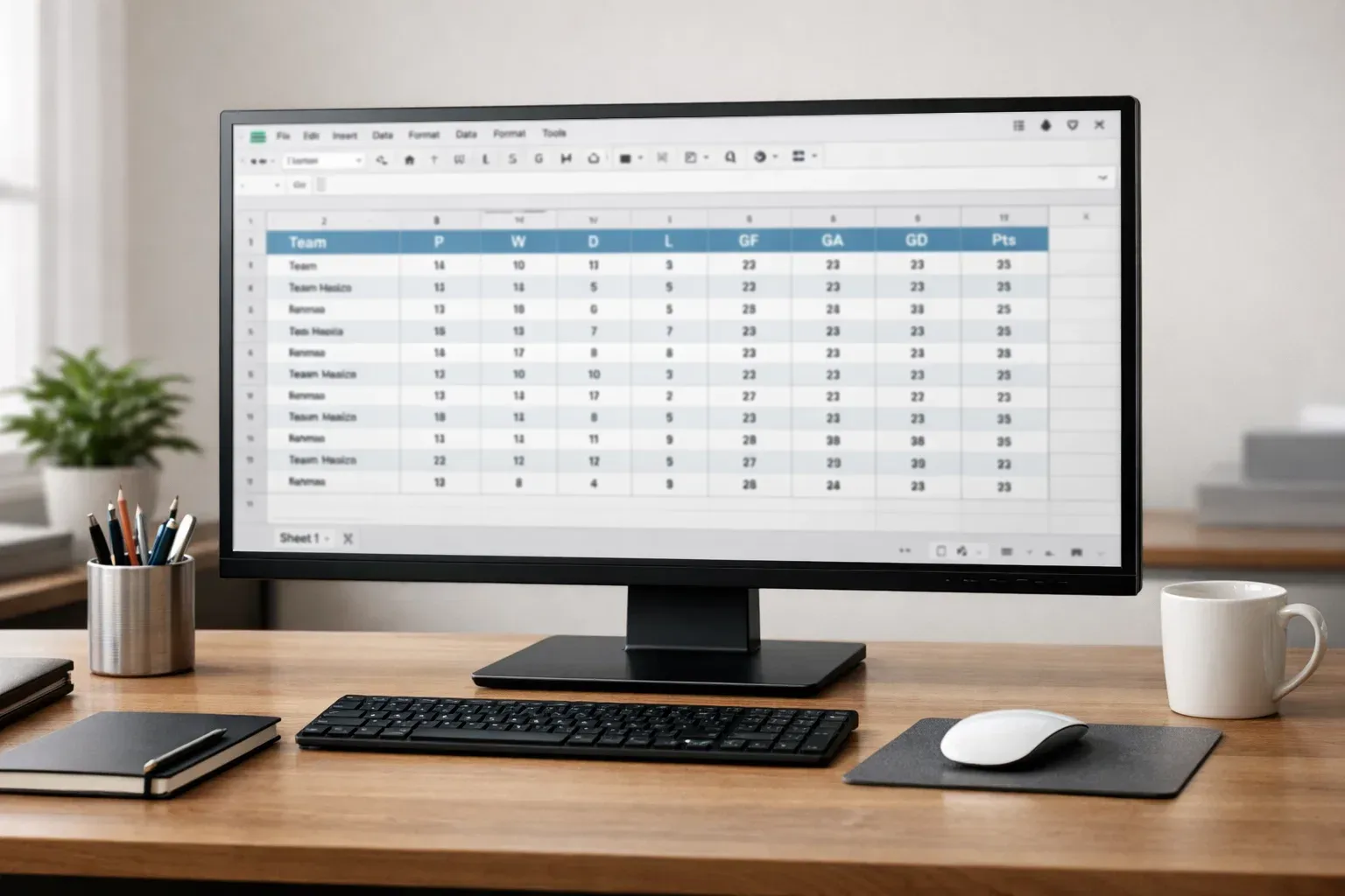 Organized spreadsheet with football statistics data on a monitor