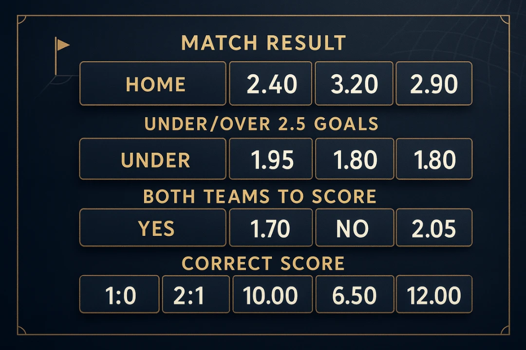 Football betting markets display showing various odds and betting options for match result and goal predictions
