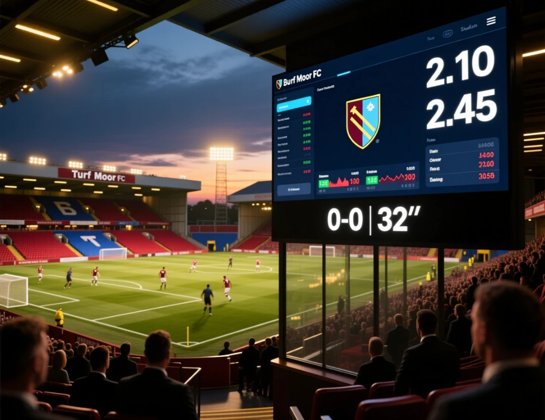 Live betting odds display at Burnley FC Turf Moor stadium showing real-time match statistics and betting opportunities