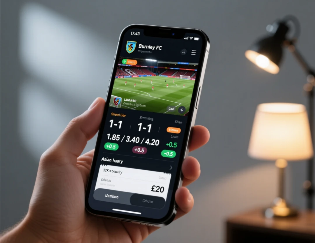 Mobile betting app interface showing live streaming of Burnley match with real-time odds and betting options
